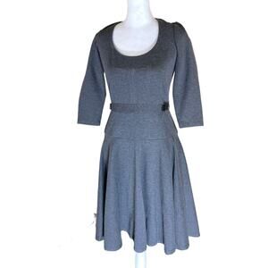 Ann Taylor Fit Flare Dress 2 Gray 3/4 length sleeve ponte stretch leather detail